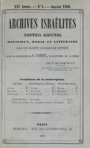 Archives israélites de France. Vol.21 N°01 (Janier 1860)
